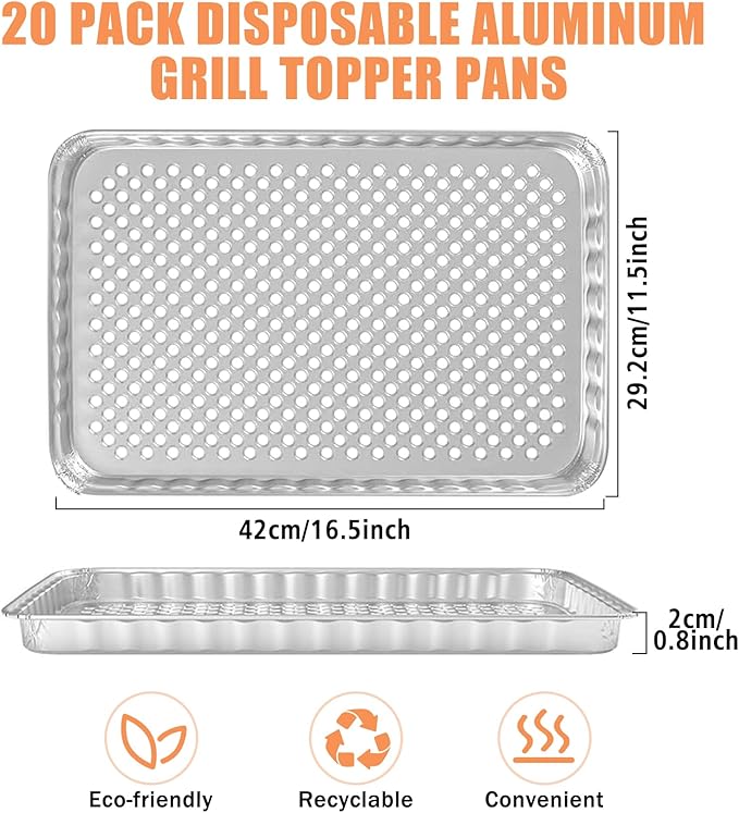 SafBbcue Disposable Grill Toppers 20-Pack Disposable Aluminum Foil Grill Topper Pans BBQ Grill Grate Liners for Outdoor Cooking & Camping Prevents Food from Sticking or Falling Through The Grill