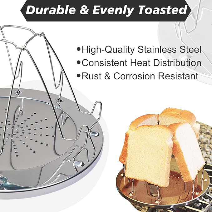 Folding Camping Toaster for Gas Stove Top – Stainless Steel 4-Slice Camp Stove Toaster Rack Holder – Portable Outdoor Bread Toaster for Camping, RV, Hiking & Picnic (Includes Tongs)