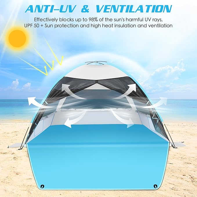 Large 3-4 Person Beach Tent - UPF 50+ Anti-UV, Easy Setup with Extended Floor & Mesh Windows, Portable for Camping Fishing