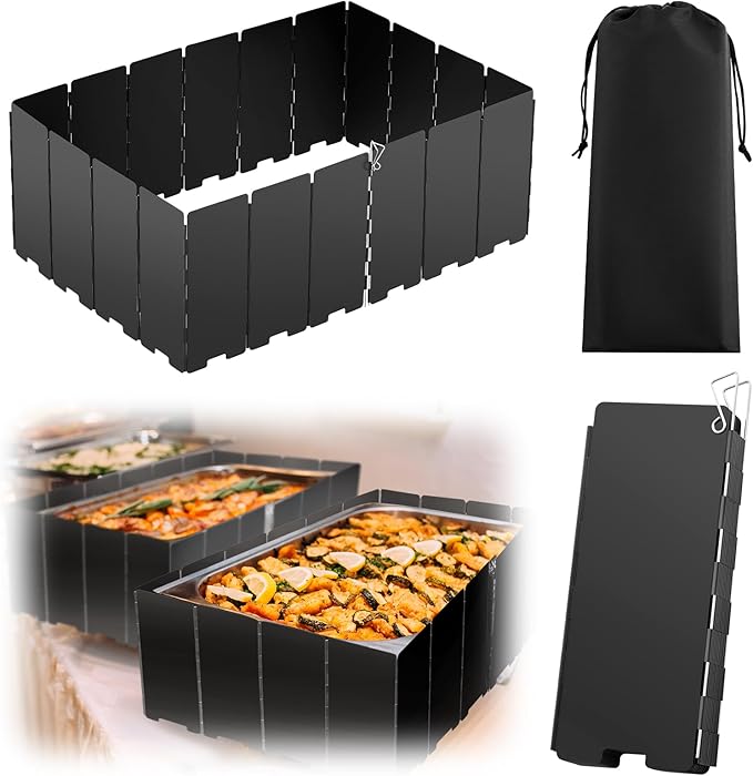 1 Pcs 20 Plate Chafing Dish Wind Stove Camping Guard 67 x 7.8'' Stainless Steel Wind Cover Folding Outdoor Windscreen with Drawstring Bag for Camp Picnic Burner Guard (Black)