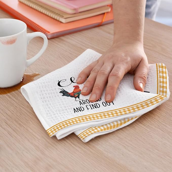 2Pcs Funny Kitchen Towels 24x14 Inch, Rooster Chicken Kitchen Decor Waffle Weave Hand Towels for Farmhouse, White Absorbent Microfiber Dish Cloth Tea Towel Chicken Gifts for Women Mom 5