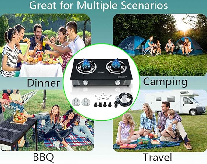 Propane Stove 2 Burner Gas Stove Auto Ignition 26000 BTU Tempered Glass Propane Burner LPG with CSA Hose for Outdoor Cooking, Emergency