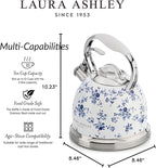 Laura Ashley China Rose Stovetop Kettle with Whistle - 2.5L Fast Boil Stainless Steel Kettle Stove Top - Silicon Coated Cool Handle Camping Kettle for Gas, Induction Hob - Compatible with Aga Stove