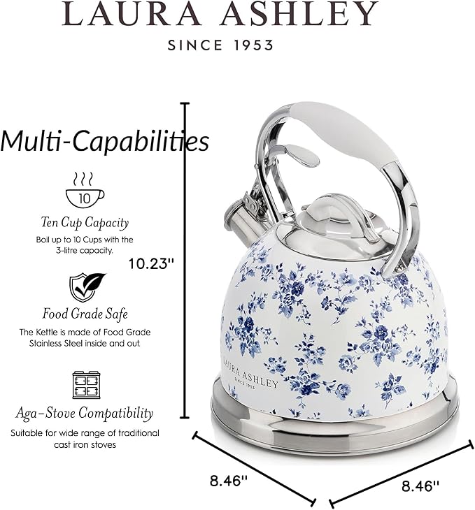 Laura Ashley China Rose Stovetop Kettle with Whistle - 2.5L Fast Boil Stainless Steel Kettle Stove Top - Silicon Coated Cool Handle Camping Kettle for Gas, Induction Hob - Compatible with Aga Stove