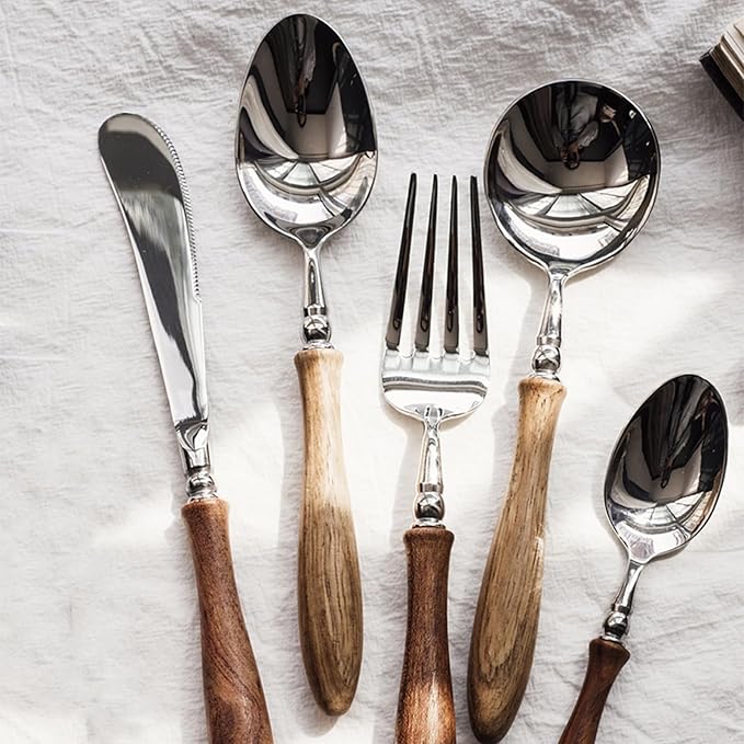 20 Piece Silverware Set Service for 4,Premium Wooden Handle Stainless Steel Flatware Set Home Include Fork Knife Spoon Set Gift Package for Christmas and Thanksgiving（Light Brown）