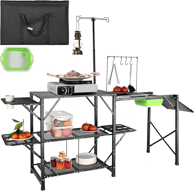 VEVOR Camping Kitchen Table with Sink, Aluminum Folding Portable Outdoor Cook Station, 2 Shelves & Carrying Bag for Picnic BBQ Beach Traveling