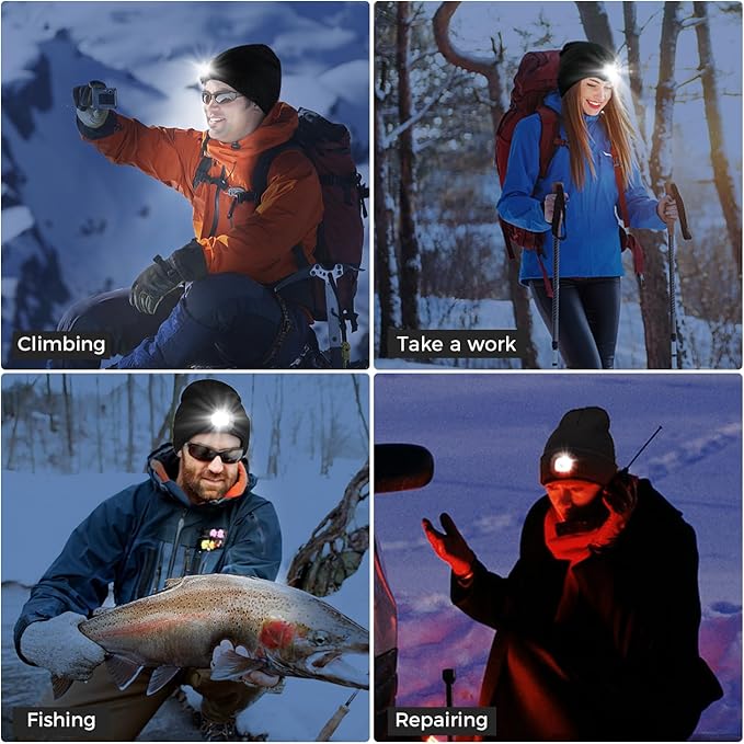 LED Beanie Hat with Light, Headlamp Beanie Cap Unisex Winter Warm Knit Night Light Hat, Knit Beanie Gifts for Men Women Kid