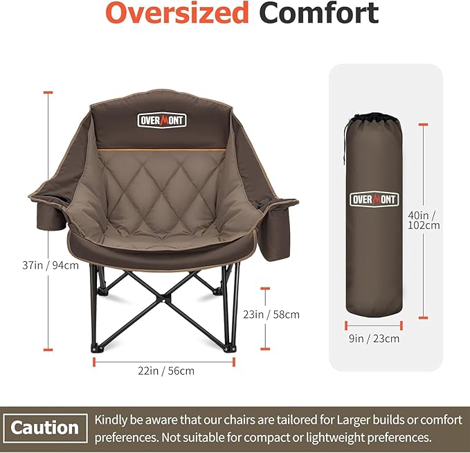 Overmont Oversized XL Camping Chair for Adults - 400lbs Support Heavy-Duty Padded Folding Chair with Side Pocket Cup Holder Cooling Bag for Outdoor Sports Garden Beach Fishing Lawn - Khaki