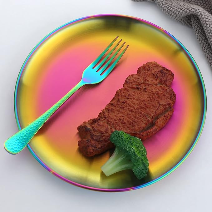 Dinner Plates Set with knife, fork，spoon,Stainless steel tableware，colourful metal dessert salad and steak plate, Services for 4,dinner camping, unbreakable & reusable (11.8inch)