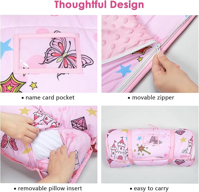 Kids Nap Mat Portable Slumber Bags with Removable Pillow and Blanket for Girls Boys, Lightweight Extra Large Sleeping Bag for Preschool Camping Daycare