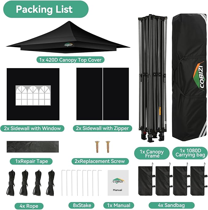 COBIZI 13x13 Pop Up Canopy Tent Heavy Duty with Sidewalls & Auto-Extending Eaves Outdoor Gazebo Easy Up for Backyard Party Commercial Events, All Weather Waterproof UV 50+ (Leg Upgraded) Black