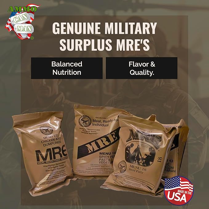 MRE Ready to Eat Meals - Emergency Food Kits, Pack Of 6 w/Entrees, Dessert, Flameless Heater & Accessories – Emergency Meals For Camping Hiking & Other Outdoor Activities
