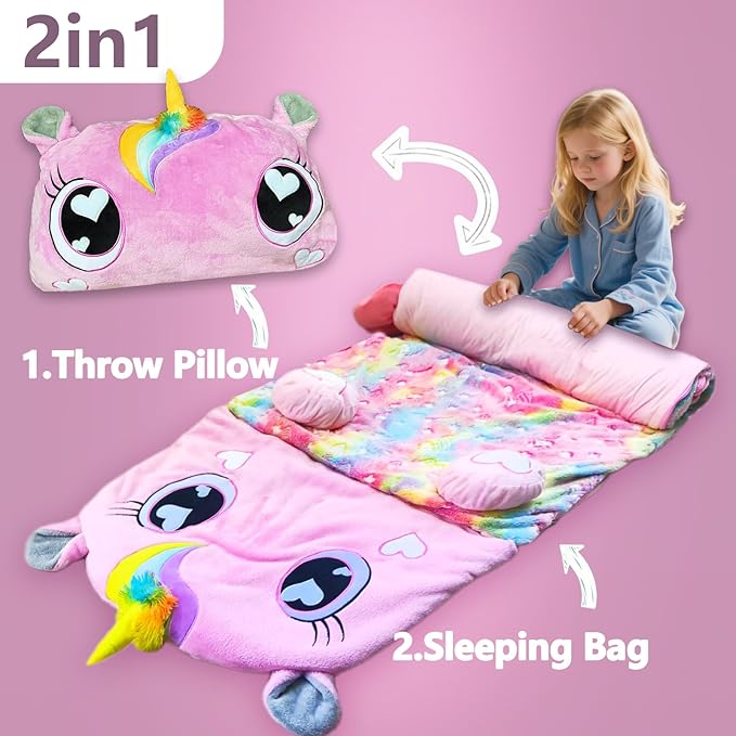 Kids Sleeping Bag, Large Unicorn Slumber Bag for Girls Boys, Portable Nap Mat, Preschool Daycare Kindergarten Birthday Gift 3-12 Yr Child