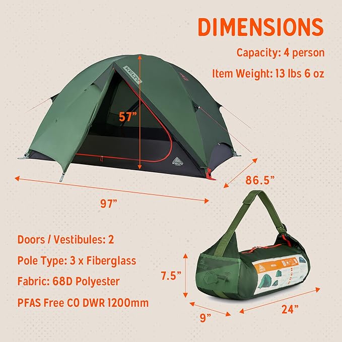 Kelty Wireless Freestanding Camping Tent, 2 4 or 6 Person Size, Huge Interior and Peak Height, Intuitive + Easy to Pitch, Color Coded Setup