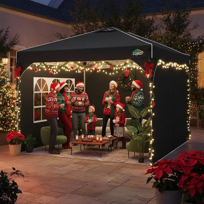 COBIZI 10x10 Pop Up Canopy Tent, Outdoor Party Tent with 3 Sidewalls, 1 Person Easy Set up, Tents for Parties with Fluorescent Strip & 4 Sandbags, Waterproof UPF50+, 3 Adjustable Height, Black