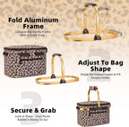 ALLCAMP Picnic Basket - Insulated Cooler, Thickening Foldable Picnic Basket with Removable Baskets & Sewn-in Frame, Basket for House Warming Gifts New Home(Leopard Print)