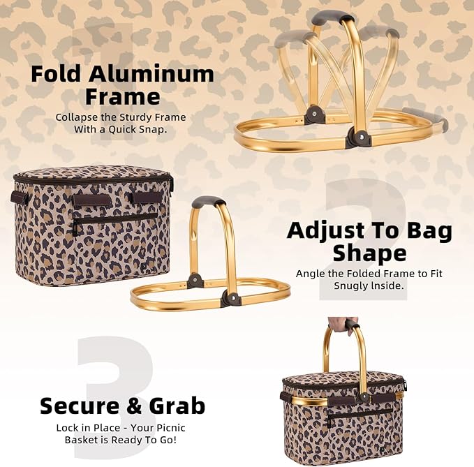ALLCAMP Picnic Basket - Insulated Cooler, Thickening Foldable Picnic Basket with Removable Baskets & Sewn-in Frame, Basket for House Warming Gifts New Home(Leopard Print)