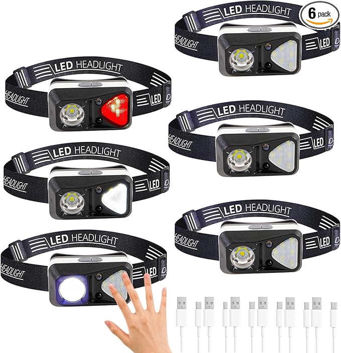 6 Pack Rechargeable Headlamp Flashlight, LED Head Lamp with White Red Light, Super Bright USB-C Headlight Motion Sensor Head Lamp for Adults 11 Mode Outdoor Camping Running Hiking Fishing