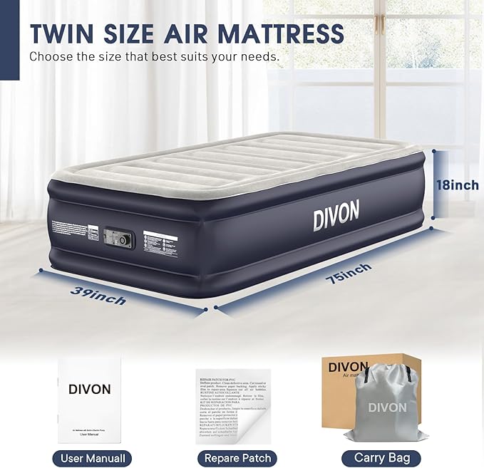Twin Air Mattress with Built-in Pump,18''Raised Blow Up Mattress 2 Mins Self Inflation/Deflation,Upgraded Thicker Inflatable Mattress，Flocked Top Air Bed with Storage Bag for Guests,Home，Camping