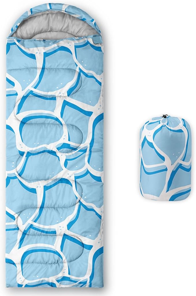 Kids Sleeping Bag for Boys Girls,Blue Ripples Print-Lightweight Warm Portable Outdoor Indoor-Waterproof Cold Weather Resistant Sleeping Bag for Camping Hiking