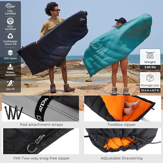 ATEPA Down Sleeping Bag for Adults, 650FP Recycled 30°F 35°F 40°F 45°F 3 Season Wearable Ultralight Packable Compact Sleeping Bags with Compression Sack for Backpacking Camping Hiking