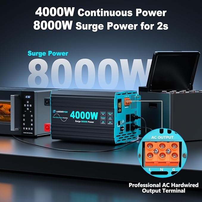 24V DC to 120V AC 4000 Watt Pure Sine Wave Inverter for RV, Truck, Solar, Home, Off-Grid, Power Inverter with 4 AC Outlet, 30W Type-C, 5V 3.1A USB, Hardwire Port, Remote Control, Surge 8000W