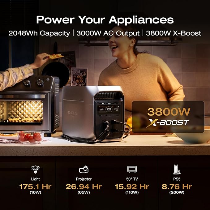 EF ECOFLOW Portable Power Station DELTA 3 Max Plus, 2048Wh LiFePO4 Battery, Solar Generator (Solar Panel Optional), 3000W Max Output, Fast 0–80% Recharge in 64mins, Reliable Home Backup & RV Camping