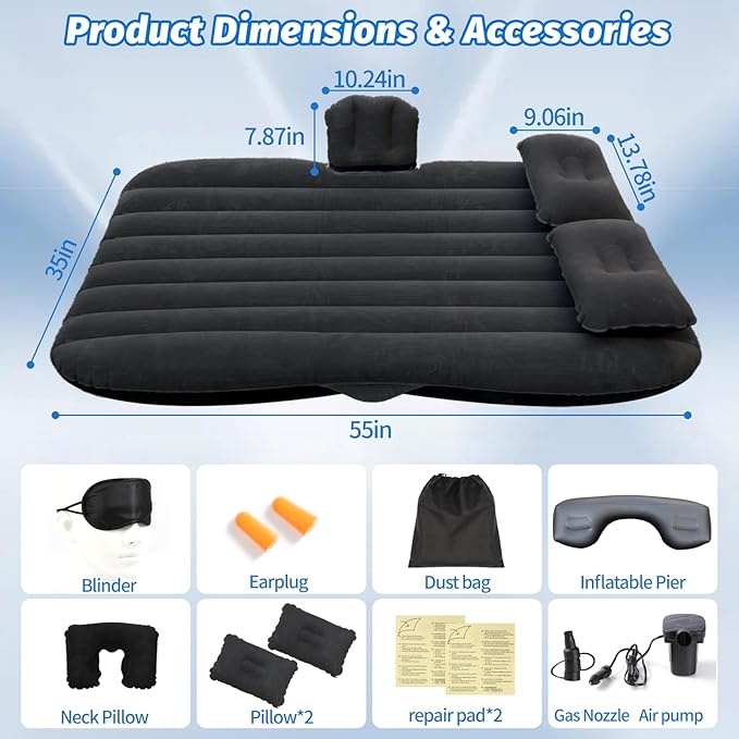 Inflatable Car Air Mattress Back Seat Bed with Air Pump,55 "x 35" Portable Thickened Car Travel Camping Sleeping Air Mattress Blow Up Bed for Car Universal SUV