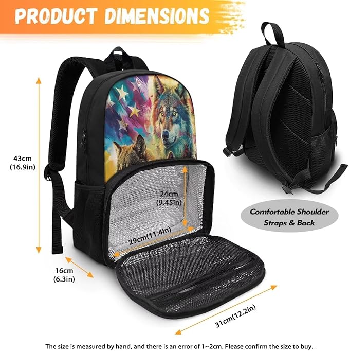 USA Flag Wolf Casual Bookbag Backpacks Hiking Outdoor Insulated Unisex Lunch Cooler Backpack Patriotic All In One Backpack Meal Bag Travel Laptop Bag 4th of July