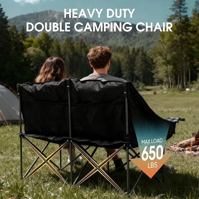 Padded Double Camping Chair Folding Loveseat 2 Person Camp Chair Heavy Duty Lawn Chairs Camping Couch Outdoor Folding Sofa