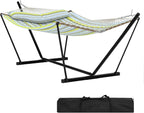 2 Person Double Hammock with Adjustable Steel Stand & Pillow, Heavy Duty Portable Outdoor Hammock Set, MAX 450 LBS Weight Capacity for Patio, Garden, Beach, Backyard