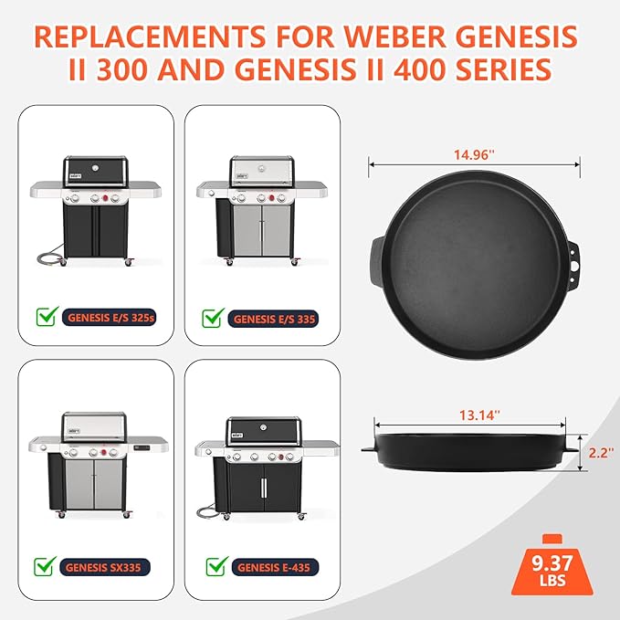 QuliMetal 77011 Gourmet BBQ System Griddle for Weber 22 1/2 inch Charcoal Grill, Fits Most Cooking Grates for Weber Gas/Pellet Grills (Genesis, Spirit, Searwood &More), 14.96" x 13.14” x 2.1"