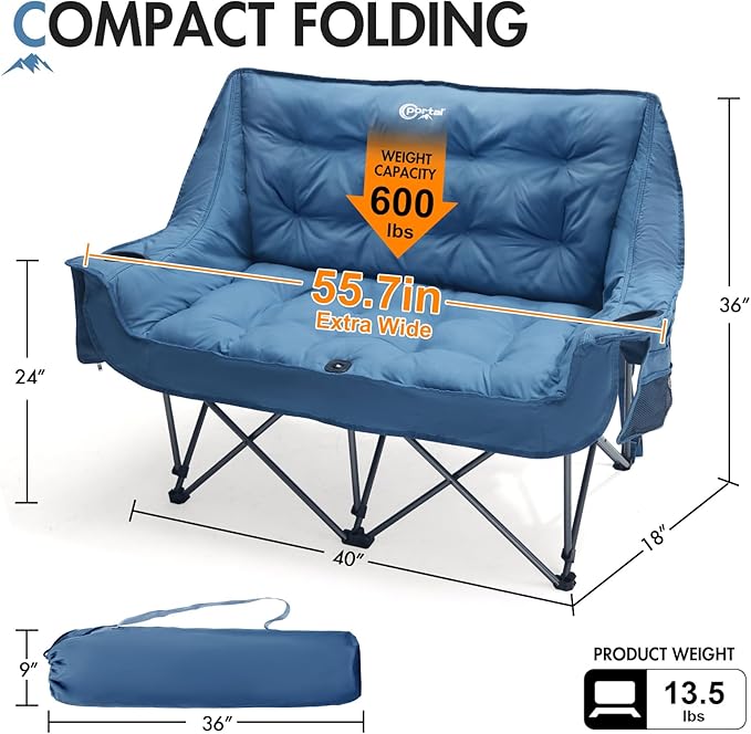 PORTAL Double Camping Chair, 2 Person Folding Loveseat for Adults, Padded Cushion Camp Lawn Love Seat with Side Pocket Portable Couch, Two Person Heavy Duty Wide Chairs with Cup Holder, 600 lbs