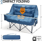 PORTAL Double Camping Chair, 2 Person Folding Loveseat for Adults, Padded Cushion Camp Lawn Love Seat with Side Pocket Portable Couch, Two Person Heavy Duty Wide Chairs with Cup Holder, 600 lbs