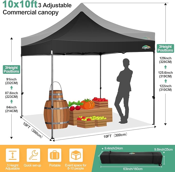 COBIZI 10x10 Pop Up Canopy Tent with 4 sidewalls Commercial Heavy Duty Canopy UPF 50+ All Weather Waterproof Outdoor Canopy Wedding Tents for Parties Gazebo with Roller Bag, Black (Windproof Upgraded)