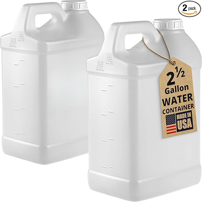 kitchentoolz 2‑Pack 2.5 Gallon Water Container Jug – Heavy‑Duty HDPE Carboy with Handle & Secure Screw‑Cap – Made in USA