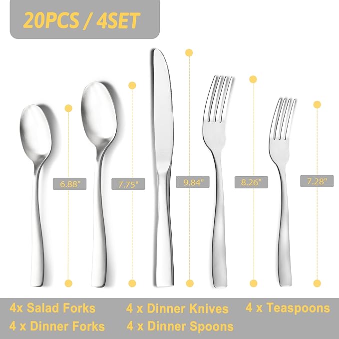 Silverware Set Flatware Stainless Steel: Kitchen Matte Utensils Fork Spoon Knife 20-Piece - Silverware Flatware Set Service for 4 - Sliverwarer Set Heavy Reusable for Home Restaurant Camping Outdoor
