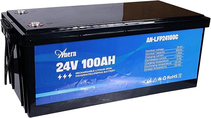 Anern 24V 100Ah LiFePO4 Lithium Battery, 2560Wh Deep Cycle LiFePO4 Battery with 100A BMS, 15000+ Cycles, 10-Year Lifespan, Ideal for Solar Energy Storage, Off-Grid Camping, RV, Trolling Motor