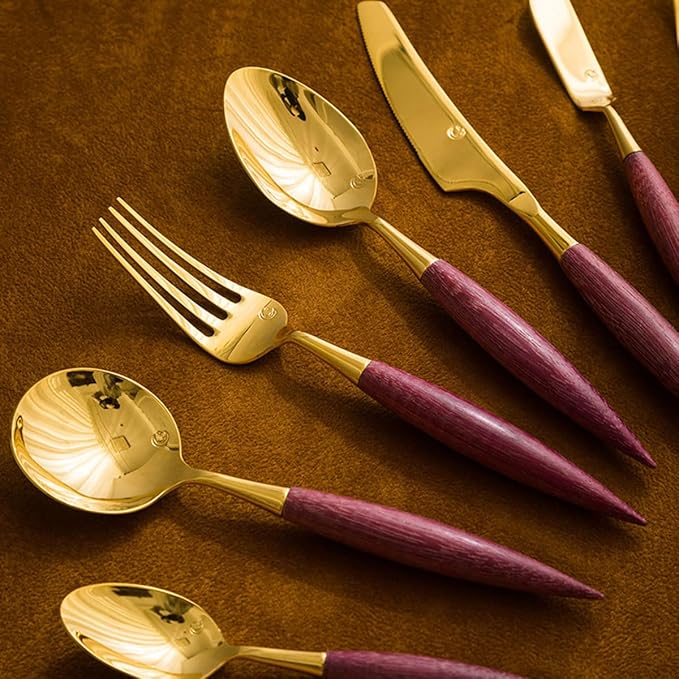 56 Piece Gold Silverware Set Stainless Steel Violet Wood Handle Flatware Set for 8，Kitchen Utensil Tableware Sets Forks Spoons and Knives Set for Home/Camping/Travel,Mirror Finish