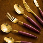 42 Piece Gold Silverware Set Stainless Steel Violet Wood Handle Flatware Set for 6，Kitchen Utensil Tableware Sets Forks Spoons and Knives Set for Home/Camping/Travel,Mirror Finish