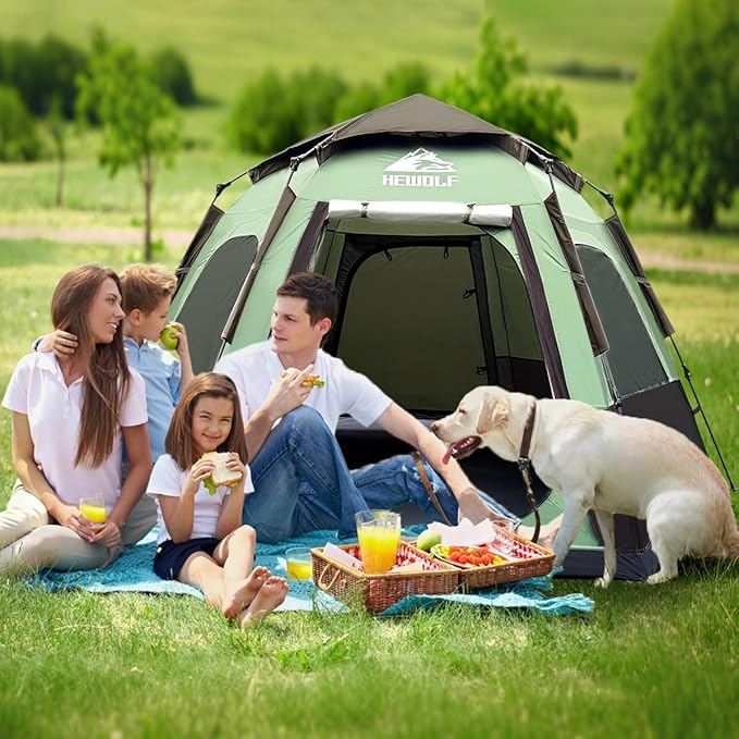 Hewolf 2/3/4 Person Camping Tent - Instant Pop Up Waterproof 2 Doors Tent with Easy Setup | 3-Season Hexagonal Dome Design for Family, Hiking & Traveling