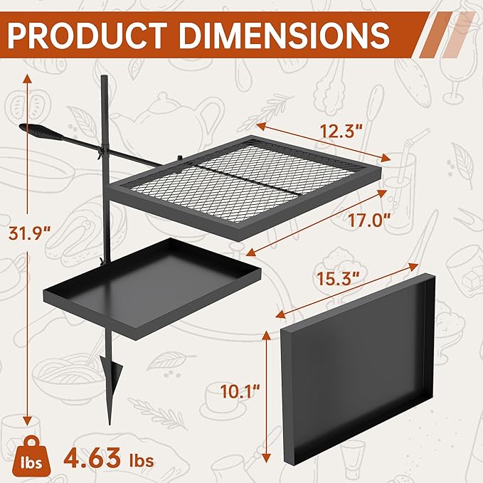 ABSCONDO Height-Adjustable Campfire Grill grate, Swivel Fire Pit Grilling Grate, Heavy Duty Portable Over Fire Cooking Grate with Handbag for Outdoor Camping Hiking Backpacking and Family Gatherings