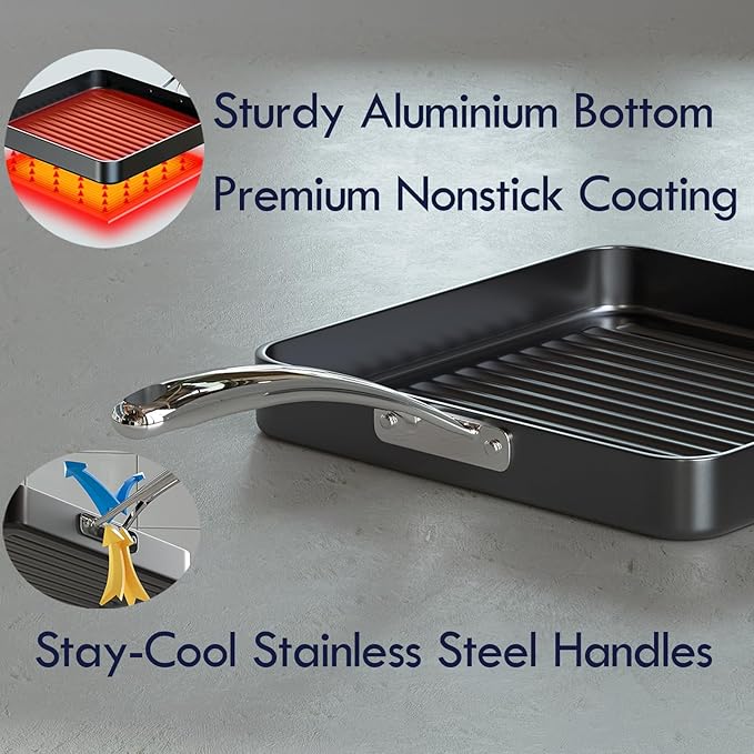 Cooks Standard Nonstick Square Grill Pan 11 x 11-Inch, Hard Anodized Grilling Skillet Pan Cookware for Camping, Home Use