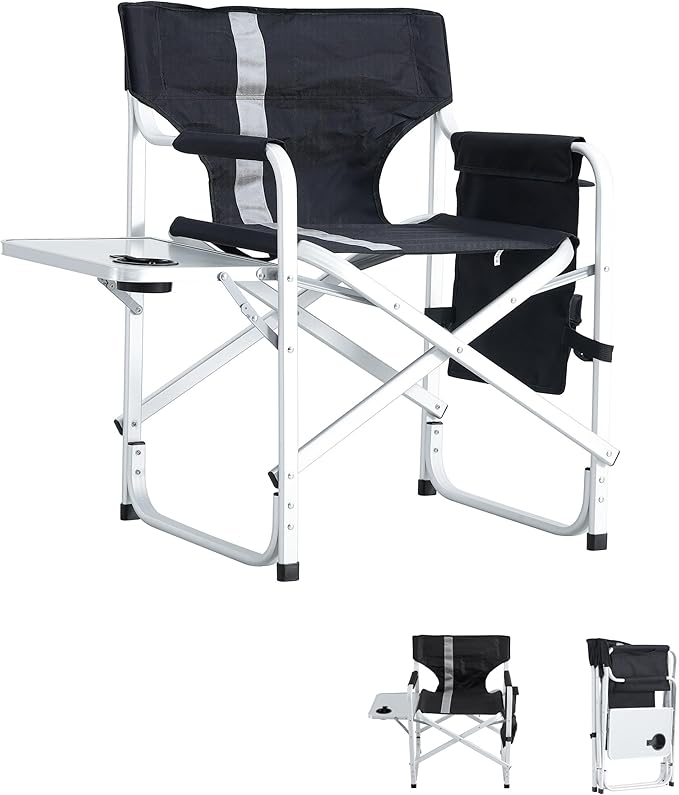 400LBS Heavy Duty Camping Director Chair - Lightweight Aluminum Frame with Foldable Side Table, 600D Oxford Seat & 3 Storage Pockets, Portable for Camping,Sports,Indoor/Outdoor Adults Use