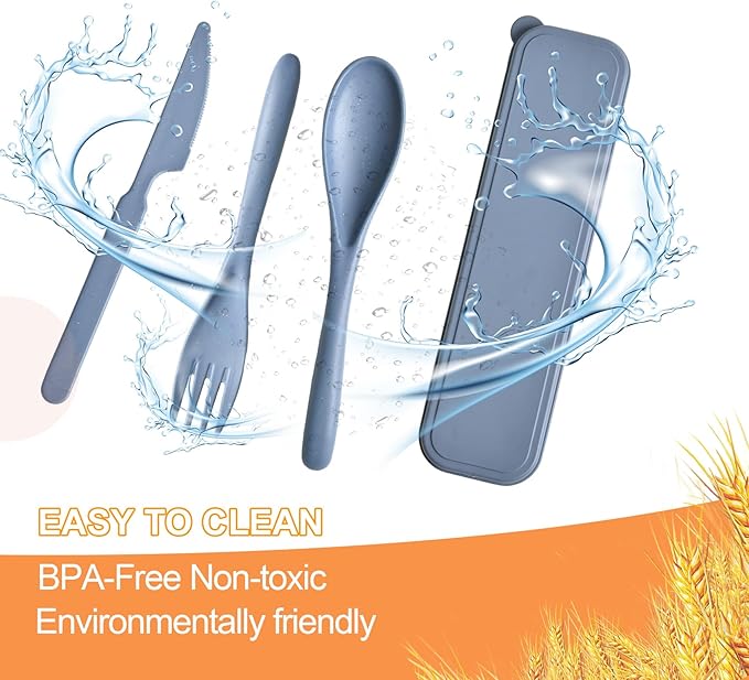Travel Utensils with Case, Camping Utensils Wheat Straw Reusable Utensils Set With Case, Knife Fork and Spoon Utensil for Lunch Box (2 Pack)
