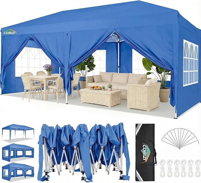 COBIZI 10x20 FT Pop up Canopy Tent with Sidewalls, Party Tents for Parties, Carpas para Fiestas, Easy Set Large Outdoor Popup Patio Gazebo for Backyard,Weddings,Vendor,Commercial Event,Blue (Upgrade)