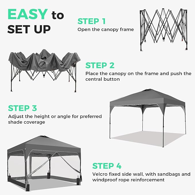 GDY 10x10 FT Pop Up Canopy Tent with One Push Setup,Setup Gazebo with 4 PVC Transparent Sidewalls,Easy Carry for Events, Parties, Camping, Gray