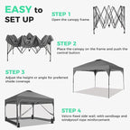 GDY 10x10 FT Pop Up Canopy Tent with One Push Setup,Setup Gazebo with 4 PVC Transparent Sidewalls,Easy Carry for Events, Parties, Camping, Gray