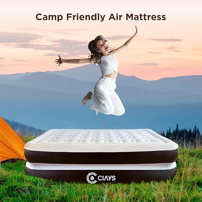 Ciays Air Mattress with Built-in Pump, Blow Up Mattress with Carrying Bag for Home and Camping, Flocked Top Inflatable Air Bed for Guests, Family