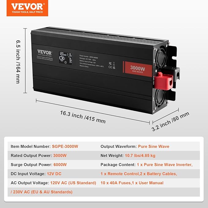 VEVOR 3000W Pure Sine Wave Inverter, DC 12V to AC 120V Power Inverter for Truck RV Off-Grid, Car Inverters with 4 AC, 2 USB, Type-C Port, LCD Display and Remote Controller for Large Home Appliances
